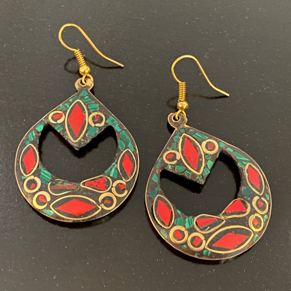 Vintage handmade mosaic dangle earrings featuring red and green inlay